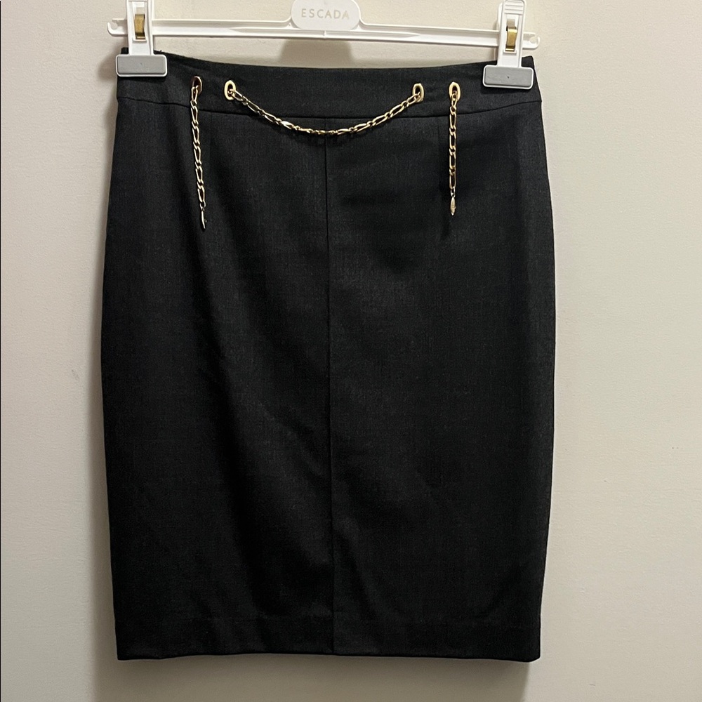Escada Grey Pencil Skirt with Gold Chain Accent